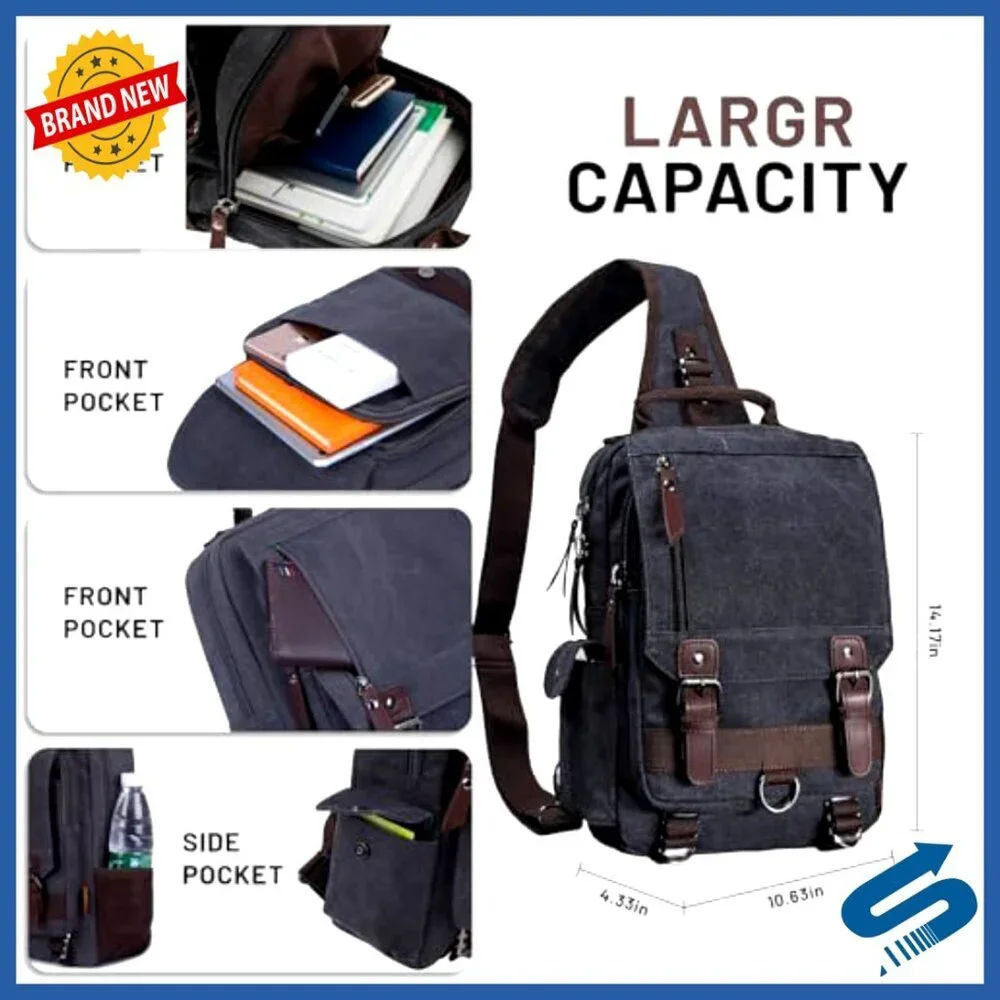 Canvas Messenger Bag Crossbody Sling Backpack Travel Daypack Adjustable Strap